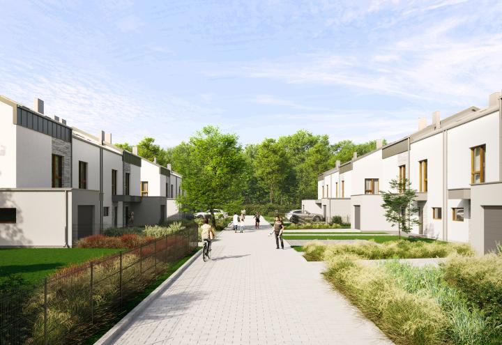 Domy w Baszkówce – widok przez środek osiedla